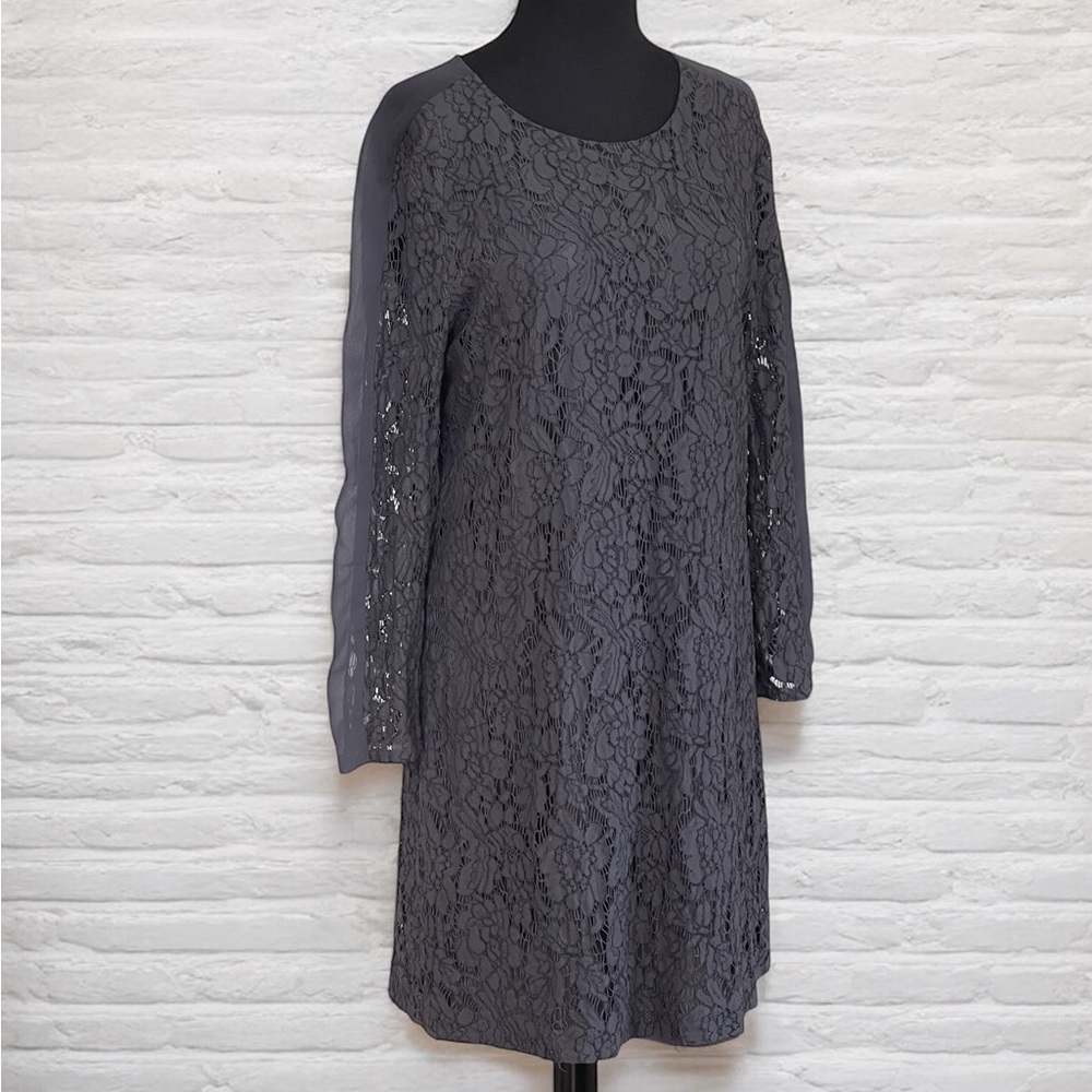 Madewell Charcoal Gray Lace Shift Sheath Dress Sz 8 Long Sleeve Sheer Panel